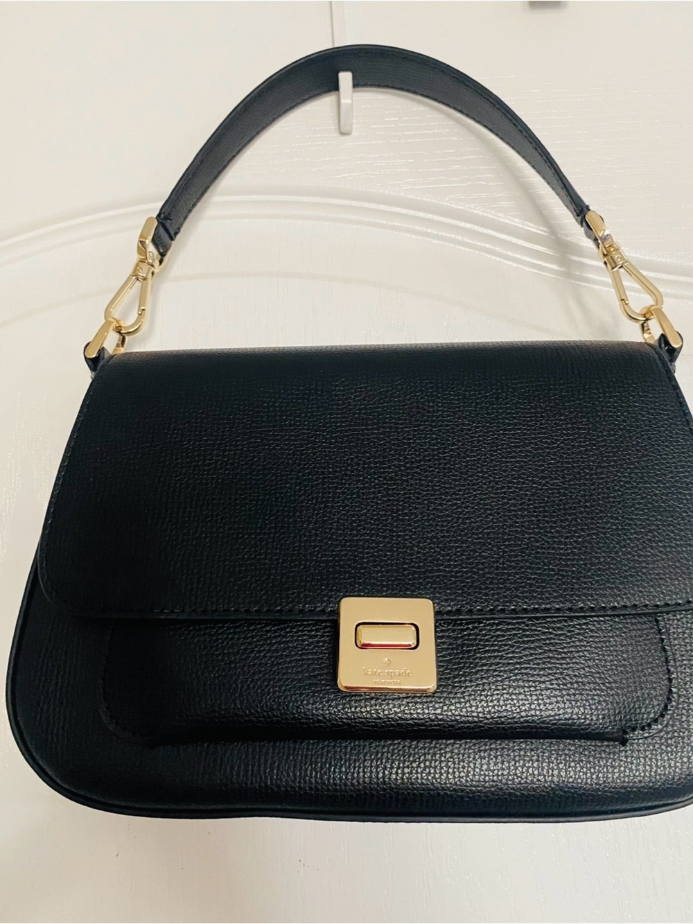 New Kate Spade Black Pebbled Leather Shoulder Bag with Gold Hardware